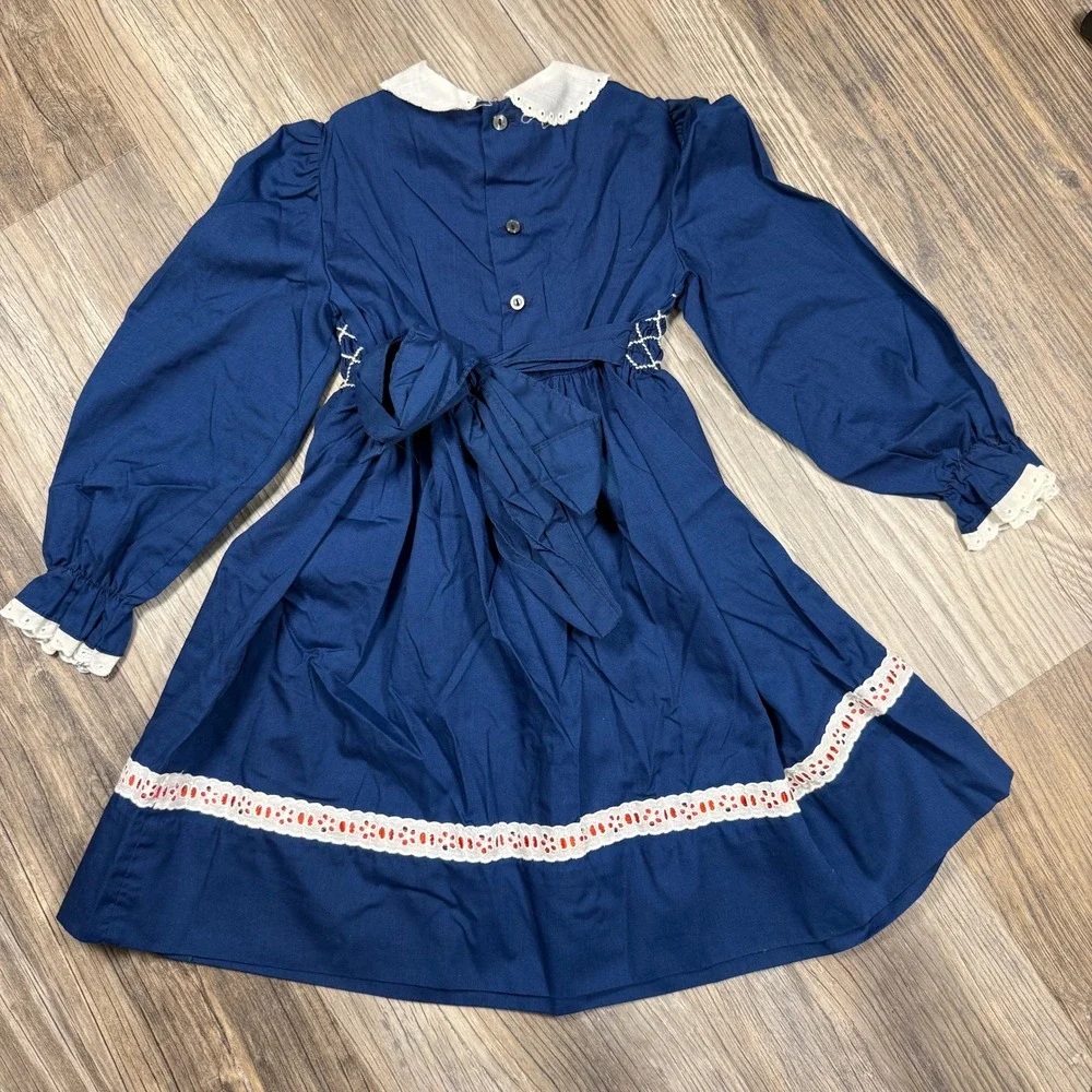 Vintage Polly Flinders Girls Navy Blue Hand Smocked Christmas Dress Size 6